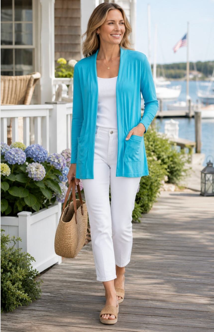 AJ Andrea Jovine Womens Azure Blue Open Front Cardigan Sweater M Cotton Coastal